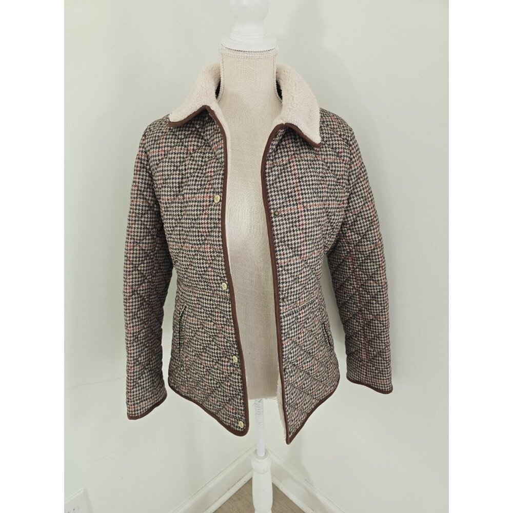 Lauren Ralph Lauren Houndstooth Quilted Jacket S Brown Green Faux Sherpa Collar - Picture 3 of 14